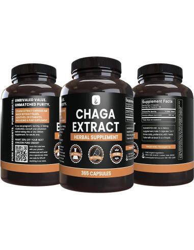 Cápsulas de Extracto de Hongo Chaga Ingredientes Originales 365 Unidades