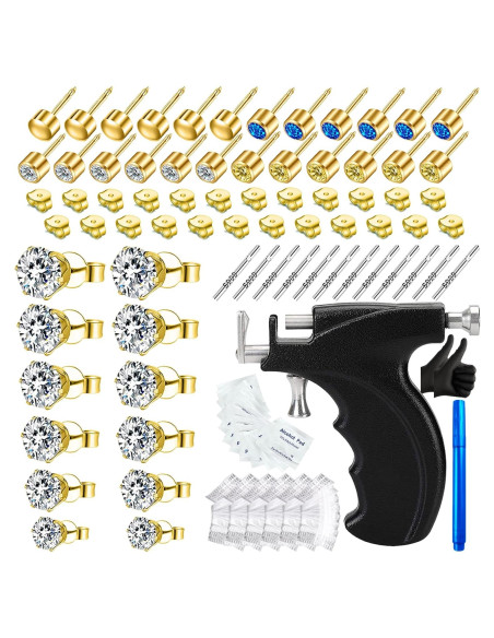 Kit de Perforación de Orejas Zygc con 12 Aretes CZ Dorados Kit de Perforación de Orejas Zygc con 12 Aretes CZ Dorados