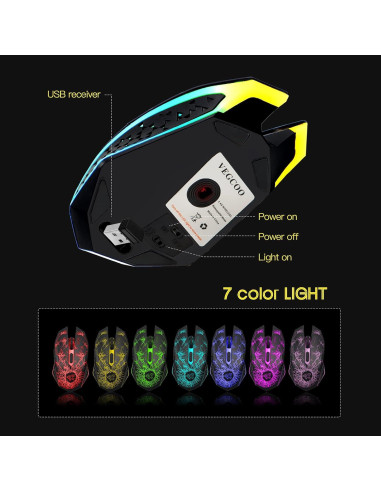 Ratón Gaming Inalámbrico VEGCOO C24BKN 6 Botones 7 LED