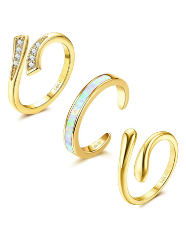 Conjunto de 3 Anillos de Dedo Ajustables Fiasaso Oro 14k Opal CZ