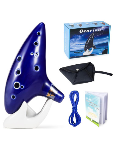 Ocarina de Cerámica 12 Agujeros Zelda Azul Marino con Soporte