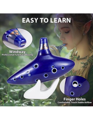 Ocarina de Cerámica 12 Agujeros Zelda Azul Marino con Soporte