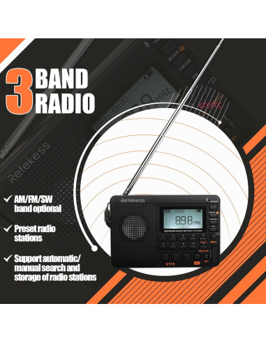 Radio Digital AM FM Retekess V115 Portátil con Batería Recargable
