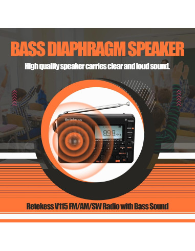 Radio Digital AM FM Retekess V115 Portátil con Batería Recargable