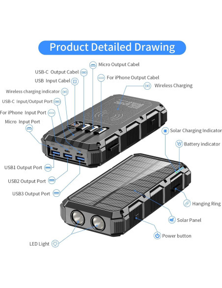 Banco de Energía Solar 49800mAh Carga Rápida Inalámbrica Banco de Energía Solar 49800mAh Carga Rápida Inalámbrica