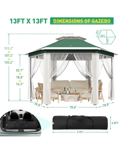 Toldo Gazebo Pop Up OUTLANE 3.96x3.96m Hexagonal Verde Beige