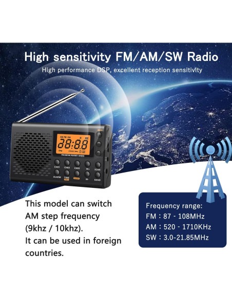 Radio portátil AM/FM/SW Rysamton YK-M03, despertador y temporizador Radio portátil AM/FM/SW Rysamton YK-M03, despertador y temporizador