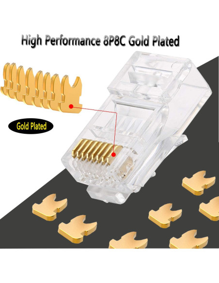 Conectores RJ45 Cat6a Passthrough 50 Paquetes Baño de Oro Conectores RJ45 Cat6a Passthrough 50 Paquetes Baño de Oro