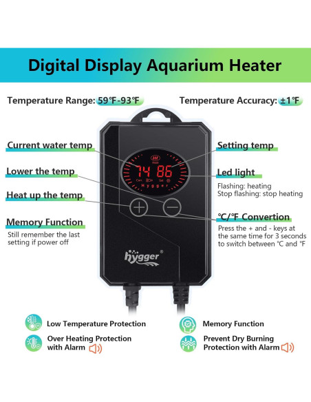 Calentador de Acuario Hygger 100W para 15-40 Galones Calentador de Acuario Hygger 100W para 15-40 Galones