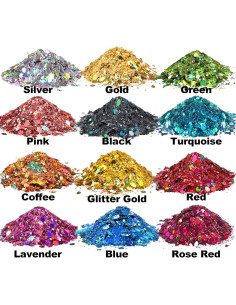 Purpurina Holográfica Gruesa HEMOER 12 Colores 142g 2