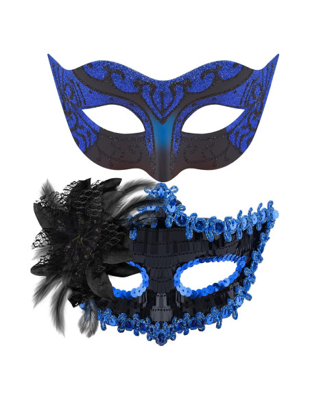 Conjunto de Máscaras de Fiesta para Parejas SIQUK - Negro y Azul Conjunto de Máscaras de Fiesta para Parejas SIQUK - Negro y Azul