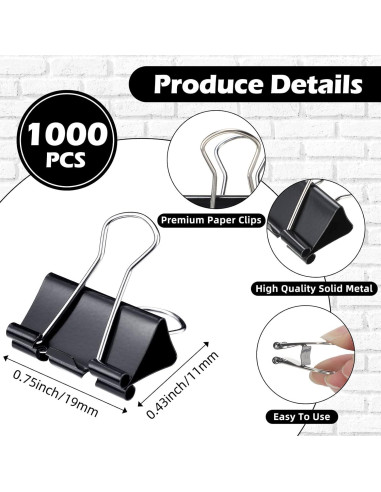 Yexiya 1000 Clips de Papel Negros 19mm para Oficina y Escuela