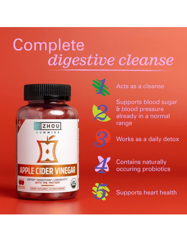 Gomitas de Vinagre de Sidra de Manzana Zhou - 60 Gomitas Veganas