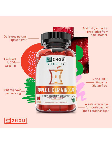Gomitas de Vinagre de Sidra de Manzana Zhou - 60 Gomitas Veganas