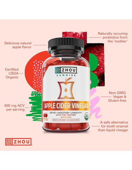 Gomitas de Vinagre de Sidra de Manzana Zhou - 60 Gomitas Veganas