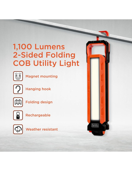 Luz Utilitaria Plegable BLACK+DECKER 1100 Lúmenes USB Recargable Luz Utilitaria Plegable BLACK+DECKER 1100 Lúmenes USB Recargable