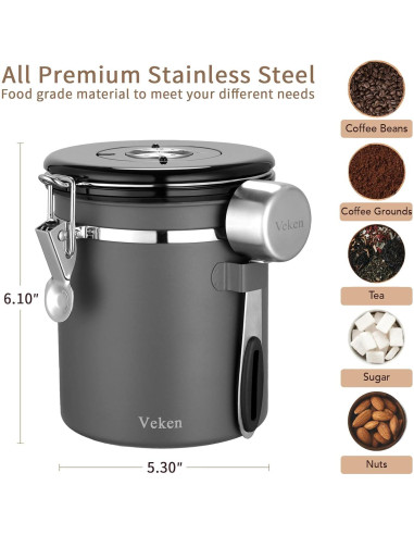 Contenedor de Café Veken 0.45 kg Acero Inoxidable Hermético Gris