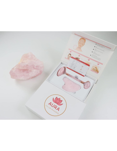 Rodillo de Cuarzo Rosa Aura AL02 y Gua Sha - Cuidado Facial Rodillo de Cuarzo Rosa Aura AL02 y Gua Sha - Cuidado Facial