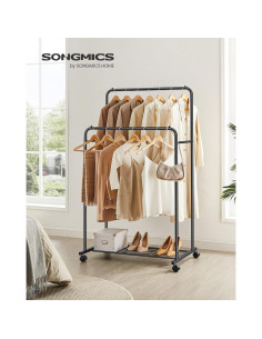 Perchero Doble Barra SONGMICS con Ruedas y Estante Negro 2