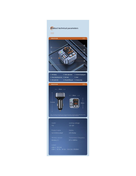 Transmisor FM Bluetooth 5.1 FCtianX con Cargador USB 30W Transmisor FM Bluetooth 5.1 FCtianX con Cargador USB 30W
