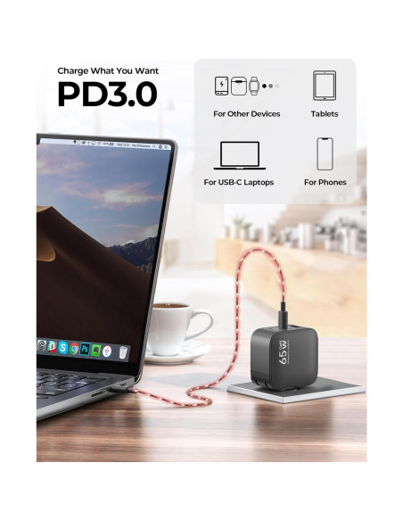 Cargador USB-C MUNBYN 65W Plegable 3 Puertos GaN Negro Cargador USB-C MUNBYN 65W Plegable 3 Puertos GaN Negro