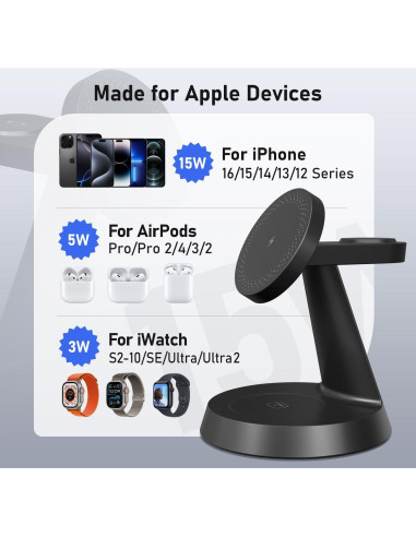 Cargador Inalámbrico 3 en 1 BERXZWE para Apple 15W Negro