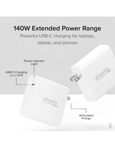 Cargador USB C Plugable 140W GaN para Laptop y Dispositivos