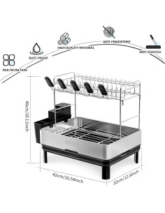 Escurridor de Platos Ewaiira Grande 2 Niveles Acero Inoxidable Negro 2