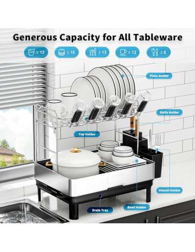 Escurridor de Platos Ewaiira Grande 2 Niveles Acero Inoxidable Negro