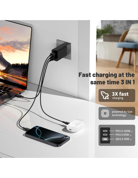Cargador de pared USB C 100W GaN 3 puertos para MacBook y iPhone Cargador de pared USB C 100W GaN 3 puertos para MacBook y iPhone