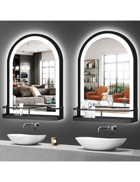 Espejo LED de Baño THEKLA 30x20 Pulgadas con Estante Negro Espejo LED de Baño THEKLA 30x20 Pulgadas con Estante Negro