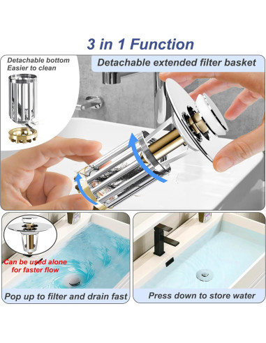 Colador de desagüe de lavabo WSYLEN con tapón cromado 2.79-4.06 cm