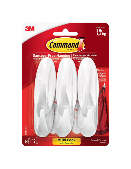 Ganchos de Pared Command Medianos 6 Piezas 1.36 kg Blanco Ganchos de Pared Command Medianos 6 Piezas 1.36 kg Blanco