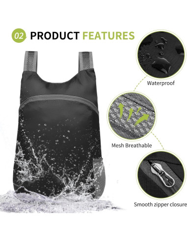 Mochila Plegable de Senderismo 20L SUIKIHUM Negra Ligera