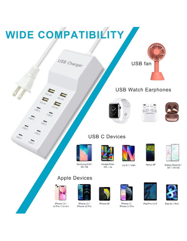 Cargador USB 12 Puertos - 4 USB-A y 8 USB-C Blanco