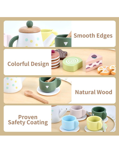 Juego de Té de Madera WHOHOLL 24 Piezas para Niños 2-5 Años