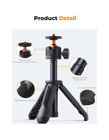 K&F Concept Trípode Mini Selfie Negro 2kg 34cm Ajustable