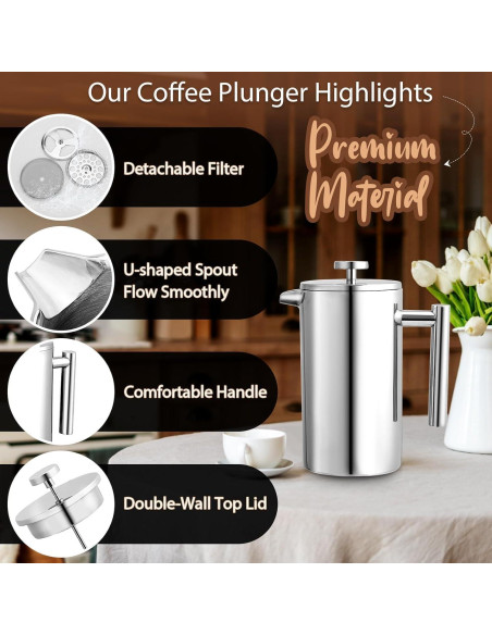 Cafetera Prensa Francesa Miuly 600ML Acero Inoxidable Doble Pared Cafetera Prensa Francesa Miuly 600ML Acero Inoxidable Doble Pared