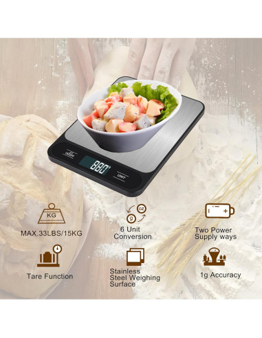 Balanza de Cocina Digital VITSOL 15kg Acero Inoxidable USB