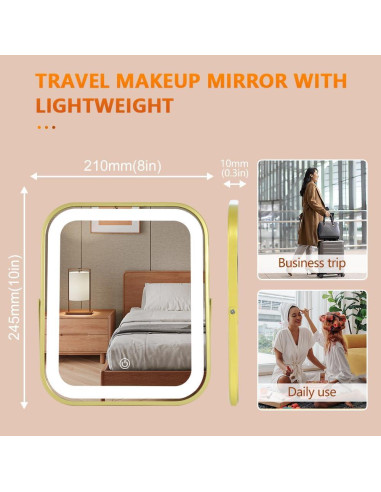 Espejo de Maquillaje LED YEKKOPT Dorado 25.4x20.3cm Plegable