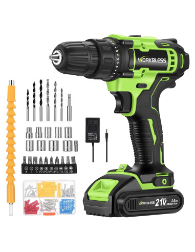 Taladro Inalámbrico WORKBLESS 21V con Batería y 28 Accesorios
