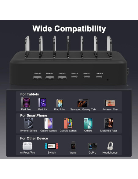 Estación de Carga Rápida MSTJRY 90W 6 Puertos USB-C Negro Estación de Carga Rápida MSTJRY 90W 6 Puertos USB-C Negro