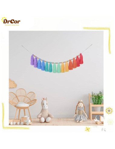 Guirnalda de Borlas Boho DrCor Arcoíris Hecha a Mano 2.28m