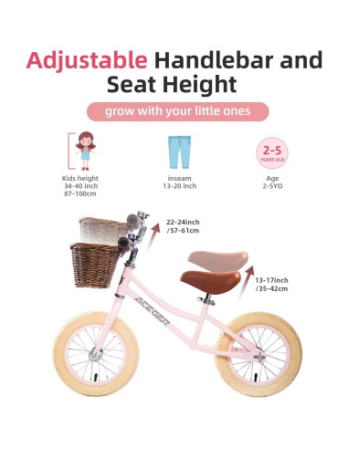 Bicicleta de Equilibrio ACEGER 12" Rosa para Niños 2-5 Años