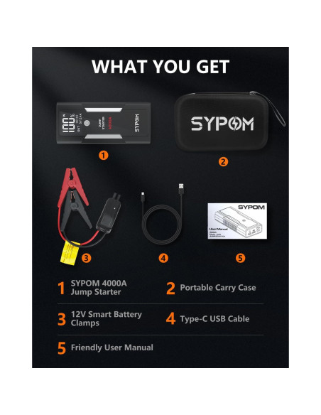 Arrancador de Salto Portátil SYPOM 4000A 12V con USB y LED Arrancador de Salto Portátil SYPOM 4000A 12V con USB y LED