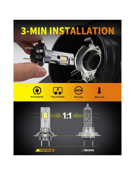 Bombillas LED H7 Termitor 30,000 Lúmenes 6500K Paquete de 2 Bombillas LED H7 Termitor 30,000 Lúmenes 6500K Paquete de 2