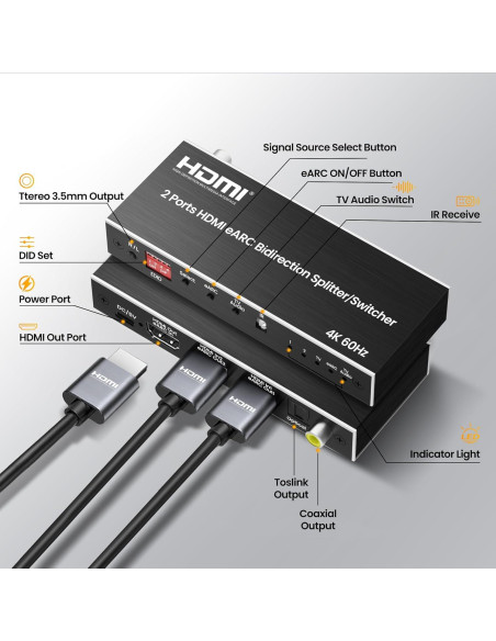 Divisor HDMI 2x1 4K 60Hz Avedio Links con eARC y Audio Óptico Divisor HDMI 2x1 4K 60Hz Avedio Links con eARC y Audio Óptico