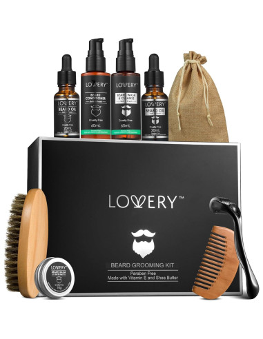 Kit de Cuidado de Barba Lovery 12 Piezas con Aceite y Jabón