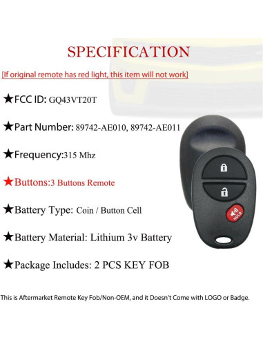 Llavero Remoto MechanMagic para Toyota 2005-2017 2 Piezas