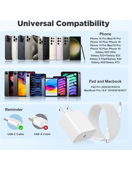 Cargador Rápido USB C 20W Hzevn 2Pack con Cables 3/6/10FT Cargador Rápido USB C 20W Hzevn 2Pack con Cables 3/6/10FT